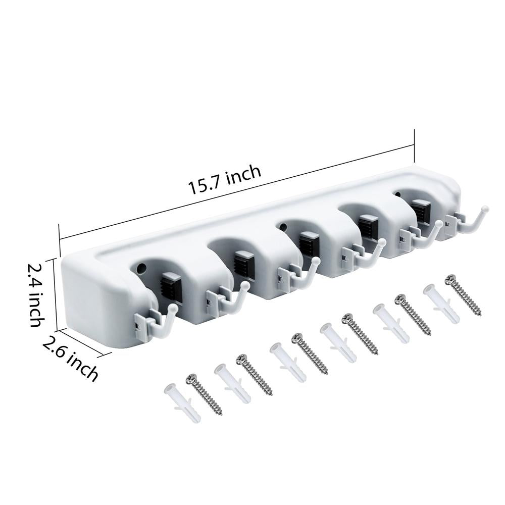Broom and mop holder with 5 layers for organization. Broom and mop holder with 5 layers for organization.